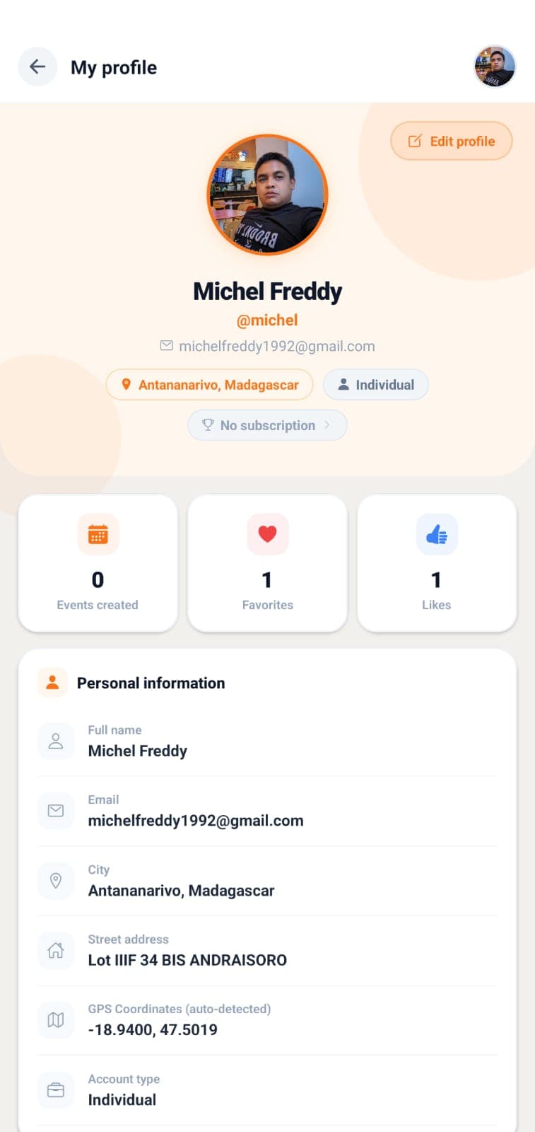 Eventhora — profil utilisateur