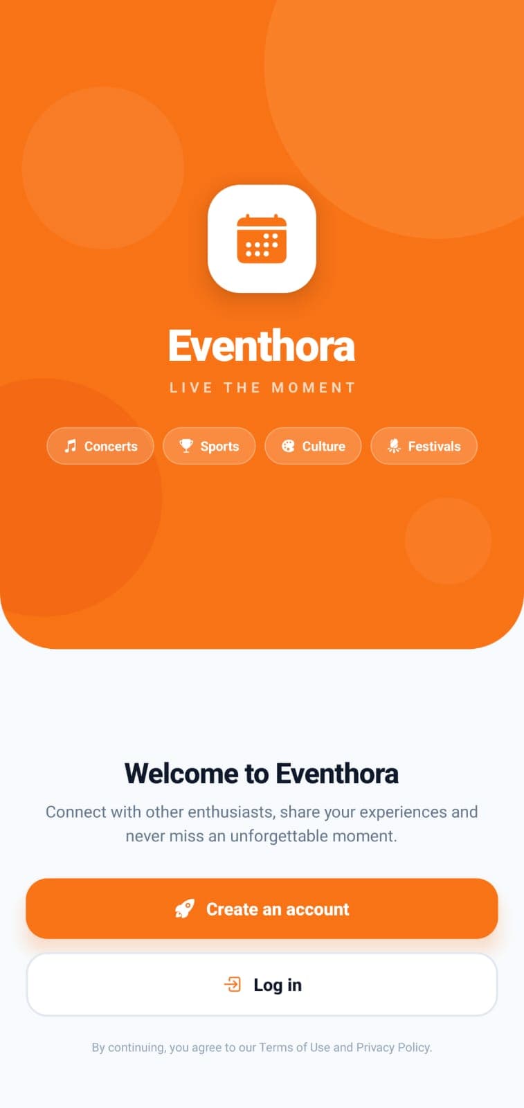 Eventhora — écran d'accueil